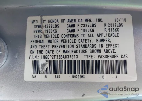 2011 Honda Accord 2.4 Lx from USA, damaged, VIN 1HGCP2F32BA037913